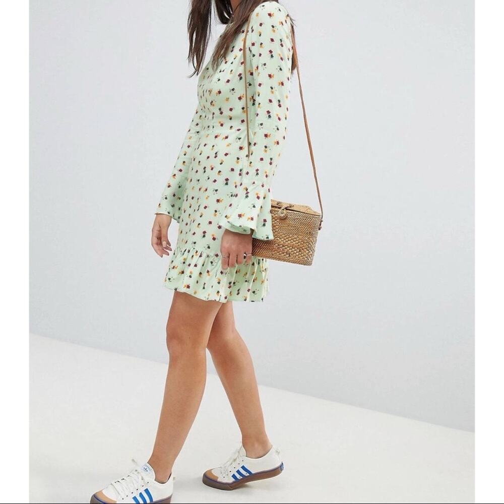 ASOS Fluted Long Sleeve Ruffle Hem Mini Dress Size 14